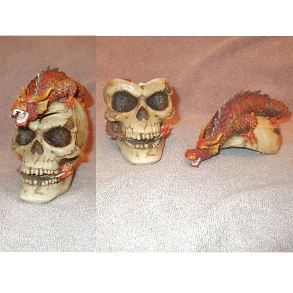Vtg Skull Dragon Sculpture With Lid Stash Box Ashtray Serpent Death Head Bones